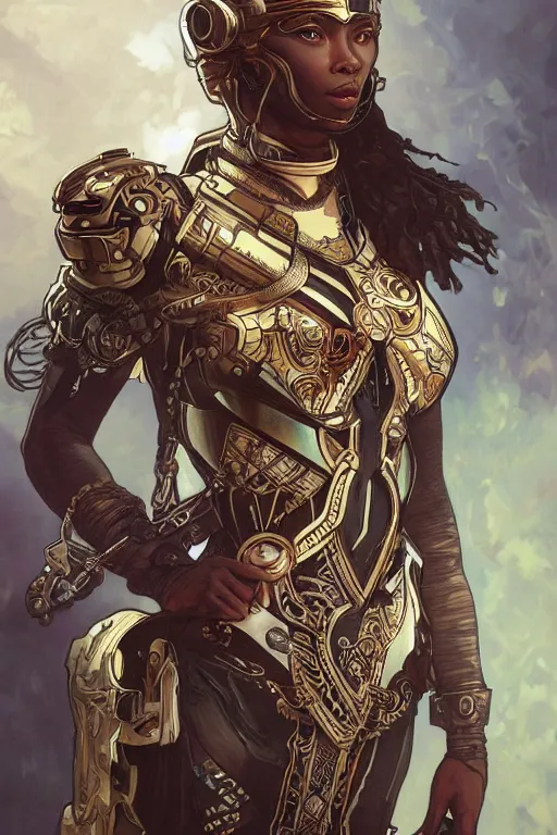 Image similar to art by artgerm and alphonse mucha, ultra realistic illustration, wakandan warrior in a steampunk style armor, hacknaut cyberpunk, sci - fi, fantasy, intricate, elegant, highly detailed, digital painting, artstation, concept art, smooth, sharp focus, illustration.