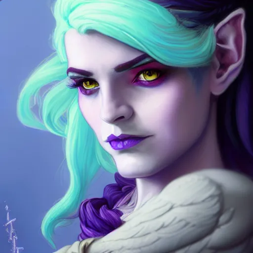 Prompt: portrait of Jester Lavorre, Critical Role, Mighty Nein, blue tiefling, purple eyes, blue skin, Laura Bailey, face, fantasy, intricate, elegant, pink mist, highly detailed, digital painting, trending on artstation, concept art, smooth, sharp focus, illustration, art by artgerm and greg rutkowski and alphonse mucha, unreal engine, 4k, 8k