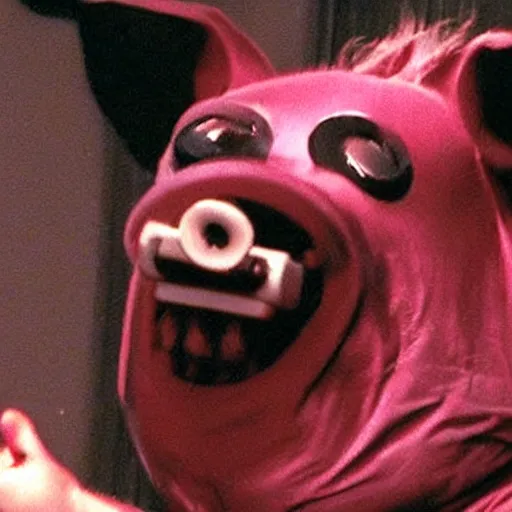 Image similar to creppy 2 0 0 3 photo of a pig masked man screaming in a dark red slaughterhouse