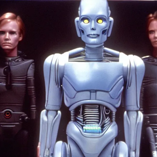 Prompt: movie still, 1 9 8 0 s, androids, hyperdetailed, by ridley scott and john carpenter, blue leds