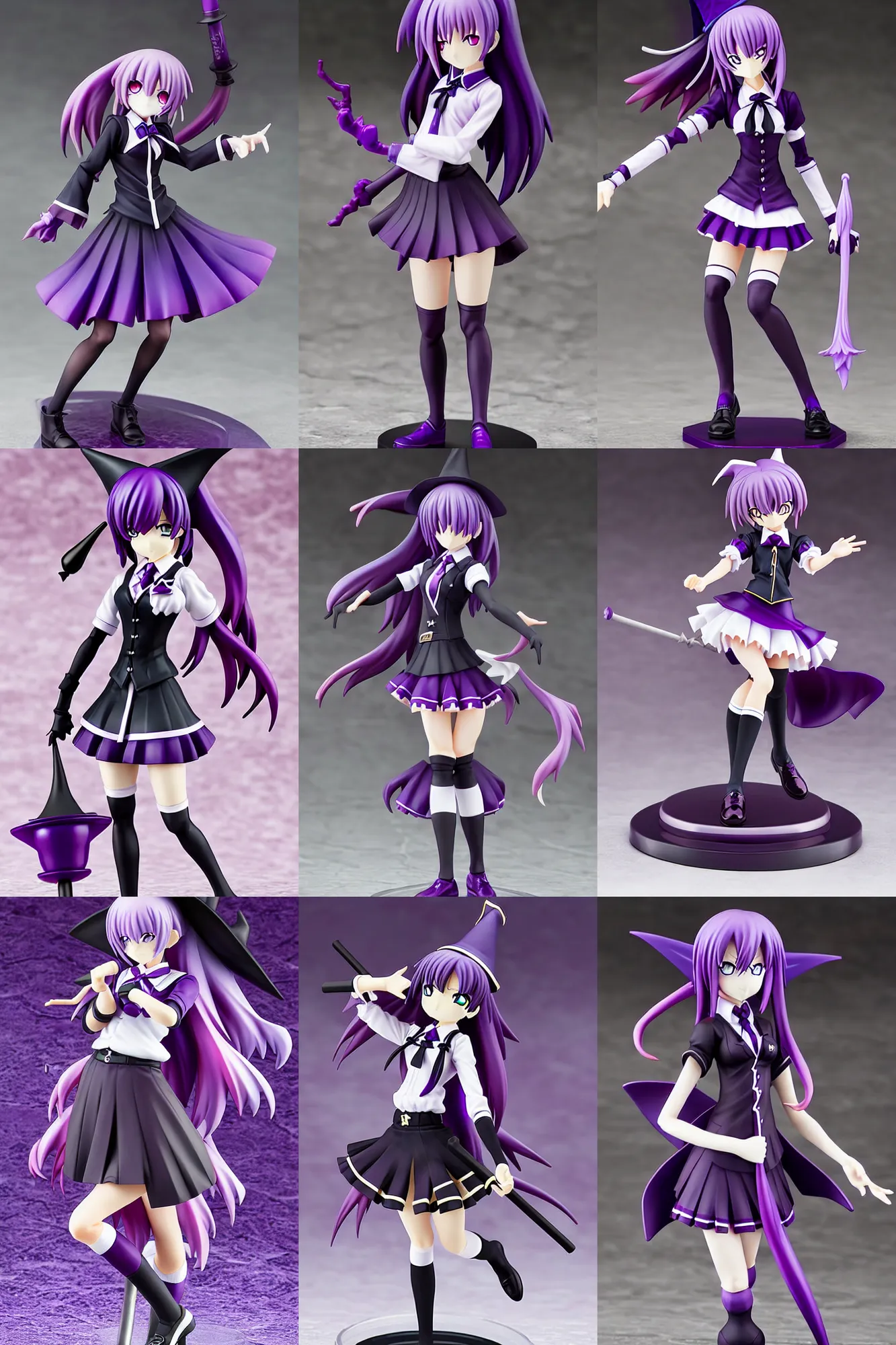 Prompt: still figurine of student witch anime girl wearing magic school uniform, purple to black fade hair color, undercut hairstyle, personification, dynamic pose, detailed product photo, featured on amiami, beautiful composition, by akihiko yoshida
