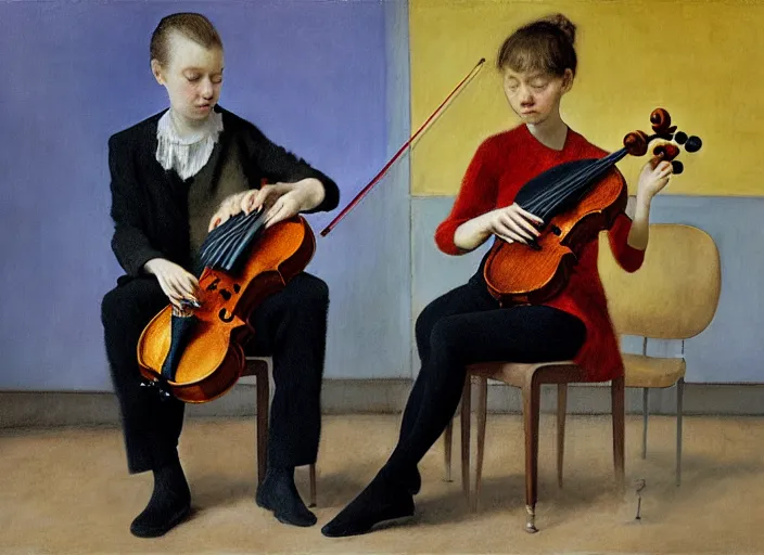 Image similar to two young violin players getting ready to perform, francis bacon and pat steir and hilma af klint and james jean, psychological, photorealistic, intriguing details, rendered in octane, altermodern