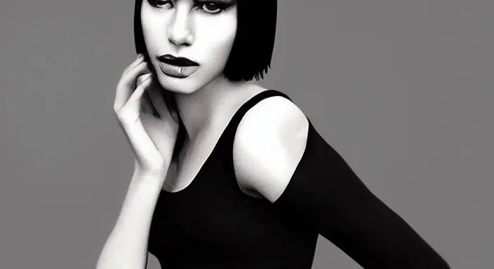 Prompt: slim pale woman with a black bob, elegant, digital painting, black and white