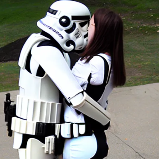 Image similar to a stormtrooper hugging an anime girl