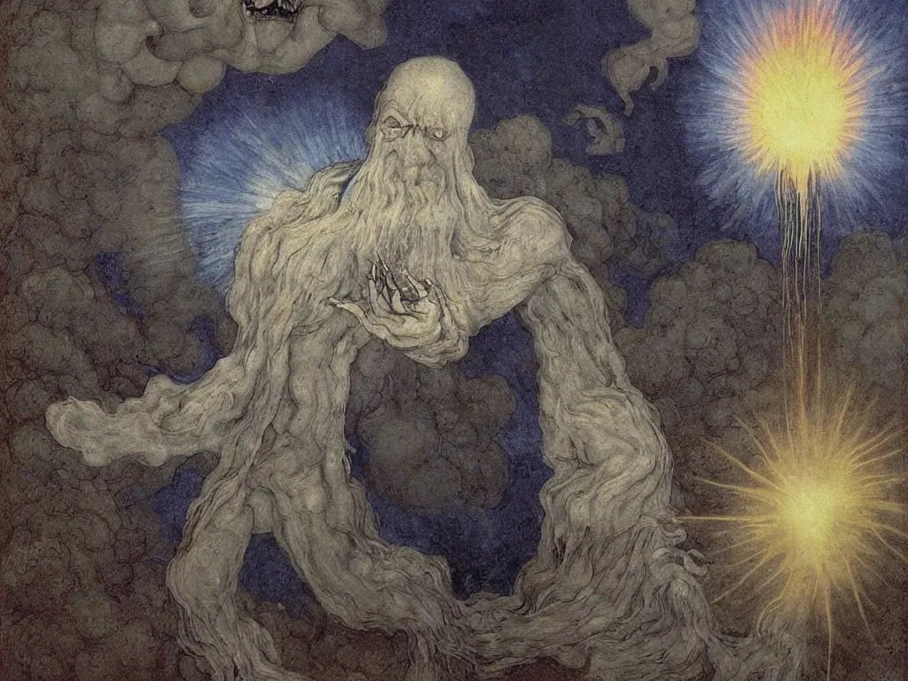 Prompt: Portrait of thistle headed albino demigod in a white cloth taming the nuclear explosion. Sculpting dark, blue smoke. Painting by Lucas Cranach, Moebius, Alfred Kubin