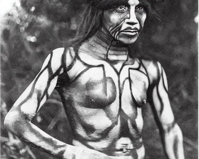 Prompt: 1 9 2 0 s black and white photographs of the lost tribes of del shoob and their amazing body art