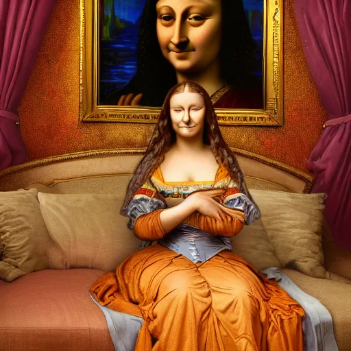 Image similar to Monalisa is sitting on her living room couch. She is dressed casually and is watching TV, Regal, Realistic, Refined, Detailed Digital Art, Josephine wall, Oil Painting, William-Adolphe Bouguereau, Art Frahm, Esao Andrews, Steampunk, Walt Disney (1937), Highly Detailed, Cinematic Lighting, Unreal Engine, 8k, HD