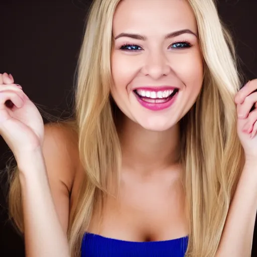Image similar to a close up portrait of a 23 year old female, dirty blonde hair, perfect teeth, smiling