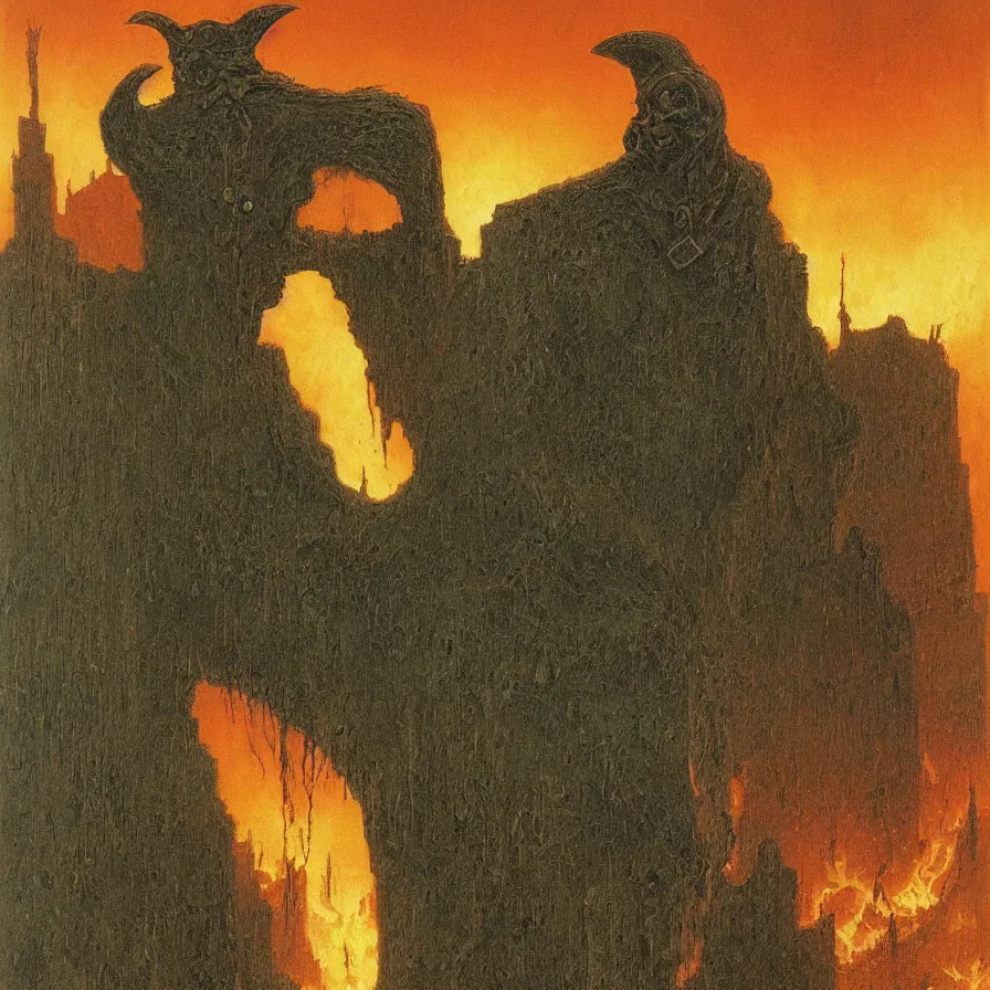 Prompt: plague doctor from iron gridle but human form, destroyed city and flames by zdzislaw beksinski, color