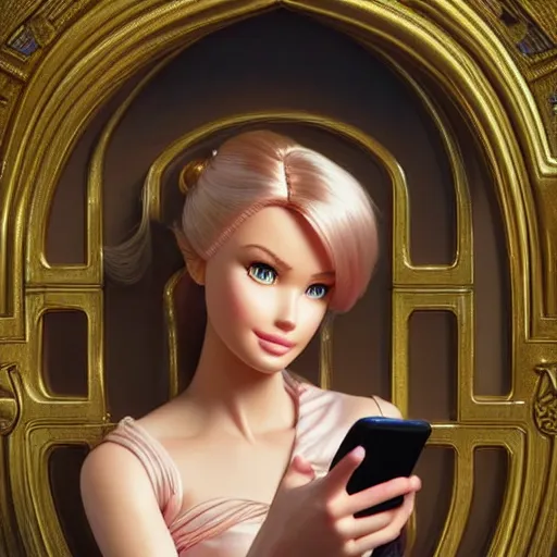 Prompt: a beautiful portrait of barbie looking at her cell phone ; ultra realistic, concept art, intricate details, stunning model, highly detailed, photorealistic, octane render, 8 k, unreal engine. art by artgerm and greg rutkowski and charlie bowater and magali villeneuve and alphonse mucha