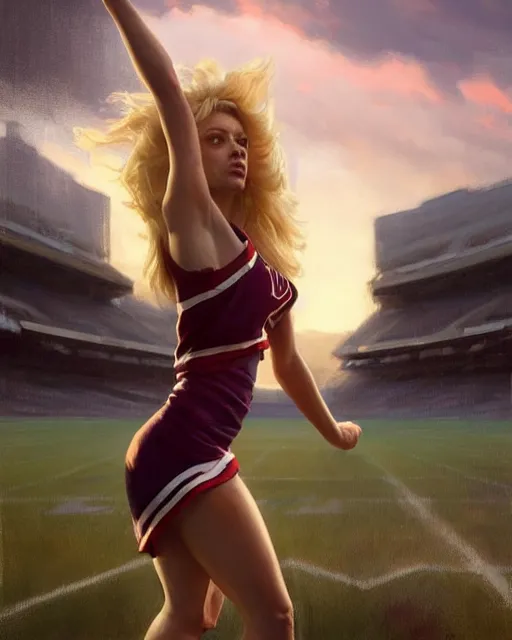 Prompt: epic portrait cinematic shot an cheerleader taunting, stadium backround, shiny skin, flowing blonde hair, fine details. night setting. realistic shaded lighting poster by craig mullism, artgerm, jeremy lipkin and michael garmash, unreal engine, radiant light, detailed and intricate environment, digital art, trending on art station,