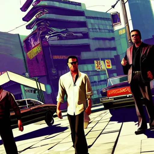 Prompt: grand theft auto 5 artwork of tokyo yakuza, stephen bliss, anthony mcbain, roxie vizcarra