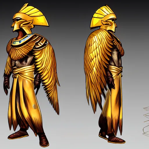 Prompt: azir league of legends golden eagle egyptian helmet ref sheet detailed digital art lineart shaded deviantart artstation 4 k