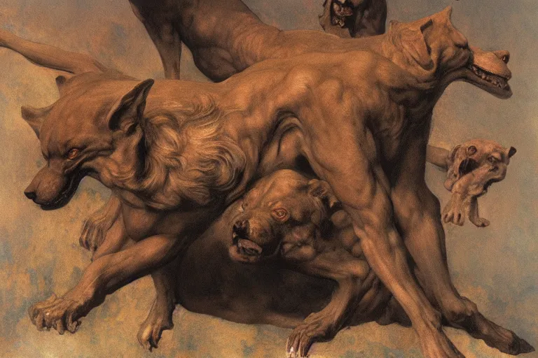 Image similar to hyperdetailed matte art of cerberus by william blake, ilya repin, amano, rene magritte, craig mullins, three headed dog, details