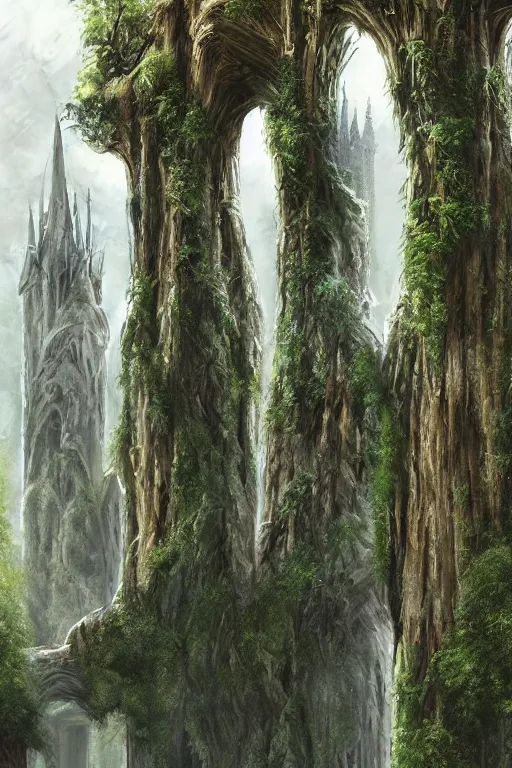 Prompt: gigantic castle, adorned pillars, towers, gnarly trees, forrest, landscape, alex ross, neal Adams, david finch, concept art, matte painting, highly detailed, rule of thirds, dynamic lighting, cinematic, detailed, denoised, centerd