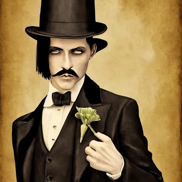 Image similar to photorealistic sepia kodachrome portrait of a 1 9 2 0 s era male magician, well dressed, long - tailed tuxedo coat, in the style of kai carpenter, atmospheric lighting, dark, brooding, painted, intricate, ultra detailed, well composed, best on artstation, cgsociety, epic, stunning, gorgeous, intricate detail, much wow, masterpiece