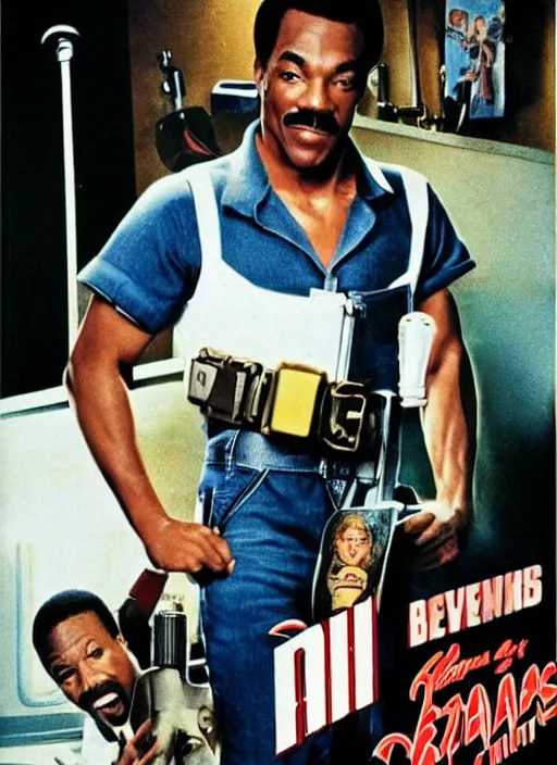 Image similar to an 8 0's john alvin action movie poster starring eddie murphy face as a plumber to rich people. bathroom. overalls. tool belt. the movie is called beverly hills crap