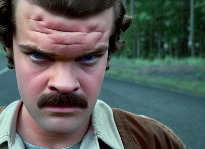 Image similar to film still of jim hopper as steve harrington in stranger things, 8 k