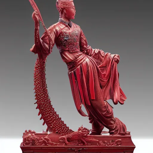 Prompt: museum angeline joile portrait statue monument made from chinese porcelain brush face hand painted with iron red dragons full - length very very detailed by rutkowski symmetrical well proportioned full - body