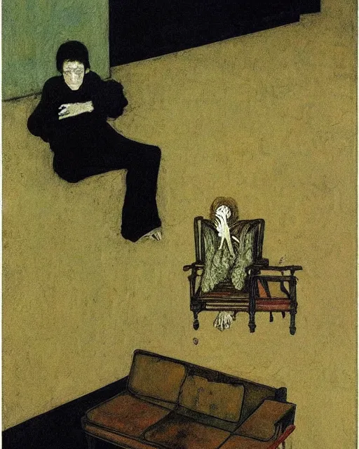 Prompt: an old dead person sitting on an old couch in an old apartment with woman on the floor,  Francisco Goya painting, part by Beksiński and EdvardMunch. art by Takato Yamamoto, Francis Bacon masterpiece