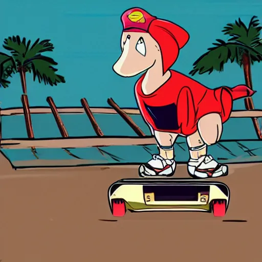 Image similar to a dodo wearing street clothes, a backwards ballcap and gold chain around its neck, on a hover board at a skate park at the beach, 1990s cartoon, anime style