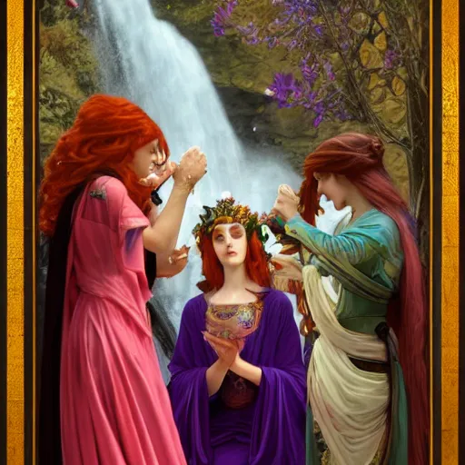 Prompt: a highly detailed byzantine painting of three sultry red haired vampire queens sharing a soft kiss under a waterfall in a gossamer purple dress, epic fantasy, viewed in profile from far away, ultrawide lens, art by artgerm and greg rutkowski and alphonse mucha, volumetric lighting, 4 k resolution, trending on artstation, masterpiece