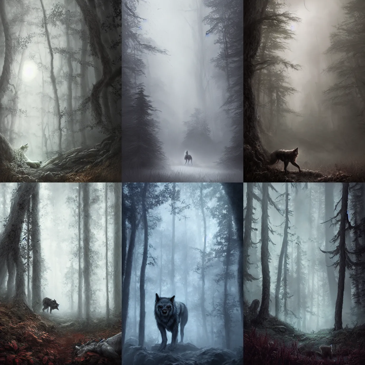 Prompt: medium shot of a ultra realist and ultra intricate detailed soft painting of a werewolf, stalking through a foggy forest at night, sensual gloomy style, volumetric clouds, artstation, unreal render, depth of field