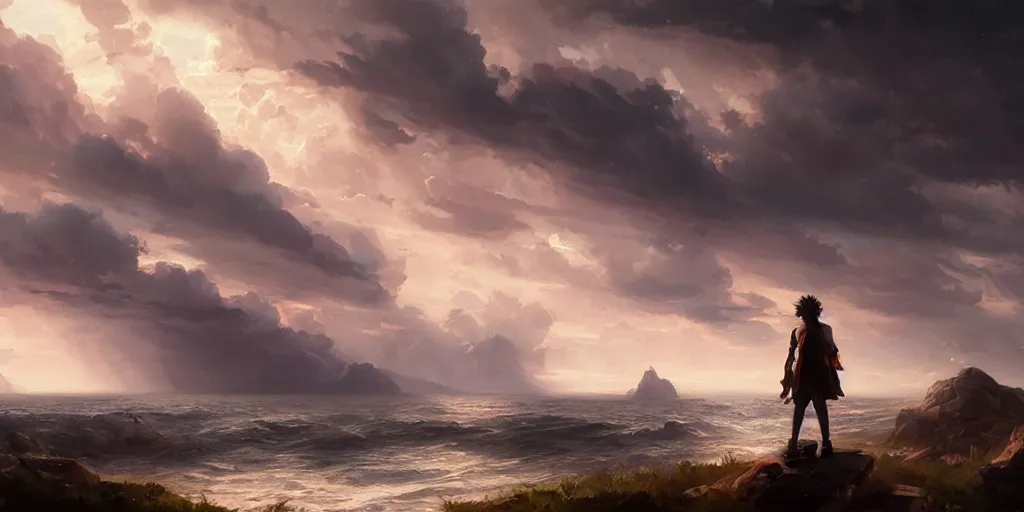 Prompt: frank reynolds, dramatic sky, distant shot, anime art, greg rutkowski, d & d, dramatic lighting
