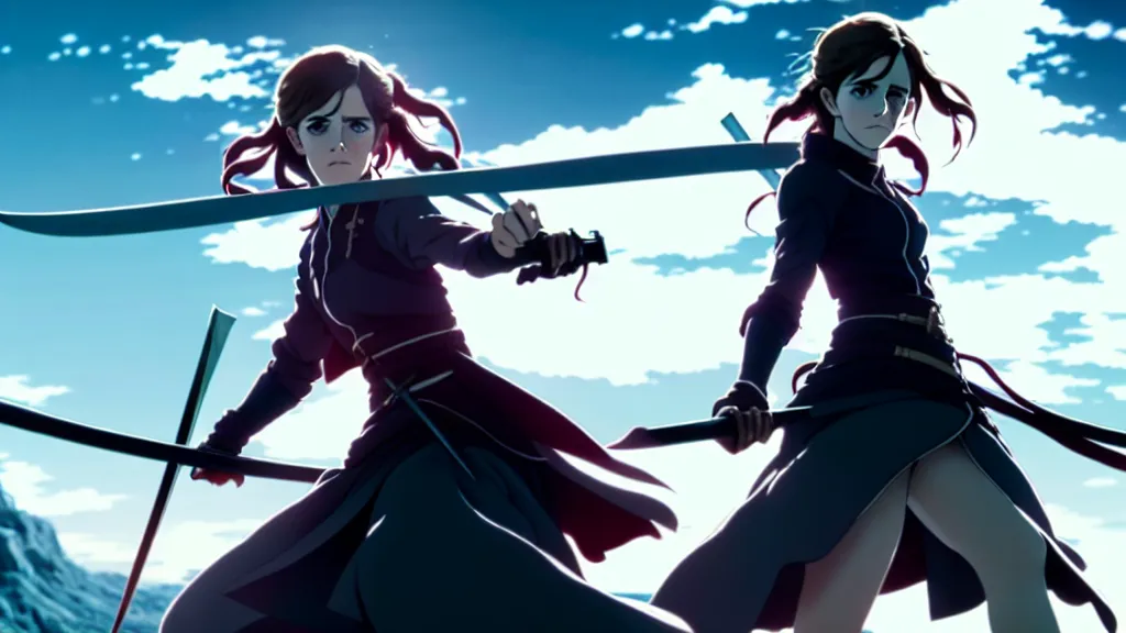 Prompt: a very detailed key visual of emma watson in demon slayer, action lines, ufotable, greg rutkowski, high resolution, dynamic pose, landscape, medium portrait, samurai outfit, action, hyper realistic, anime, koyoharu gotouge, sakuga