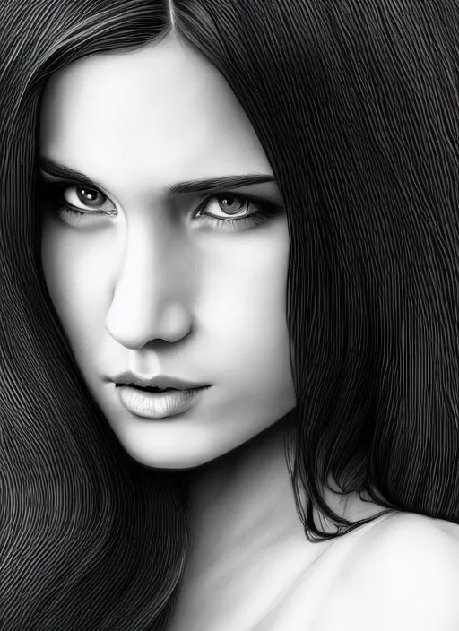 Image similar to full body portrait of a beautiful young woman in black and white, photorealistic, hair down to waist, sharp focus, in the style of Kevin Kostic, Stephen Lau and artgerm, hyper sharp focus, 8k highly detailed