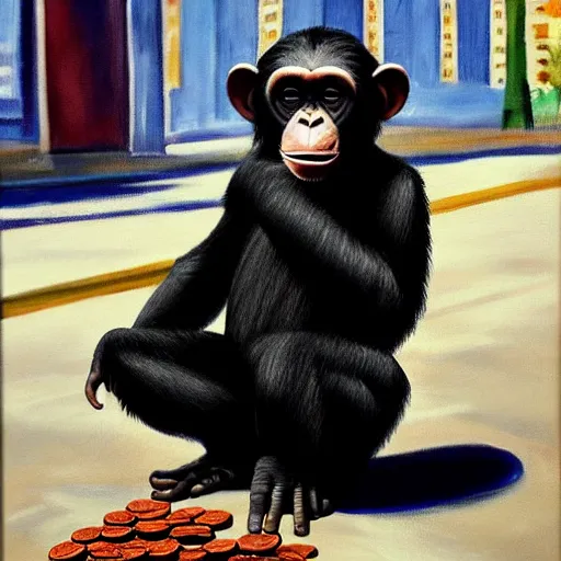 Image similar to a painting of a chimpanzee wearing a business suit picking up pennies on a street in manhattan, hyperrealistic
