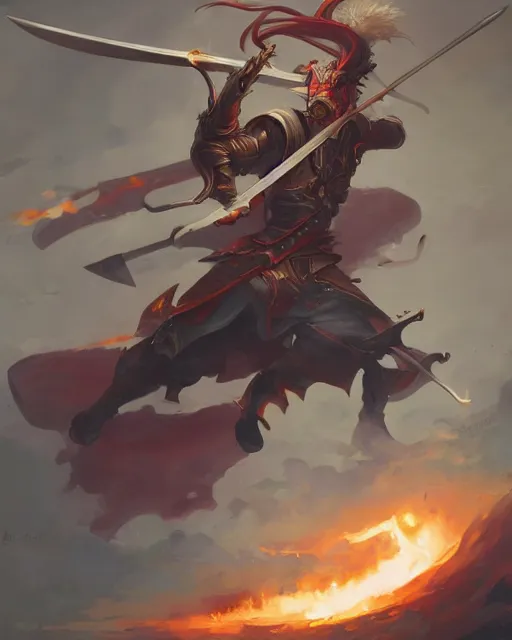 Image similar to action portrait of a magic knight fighting while casting spells with his swords, 4K trending on artstation by peter mohrbacher