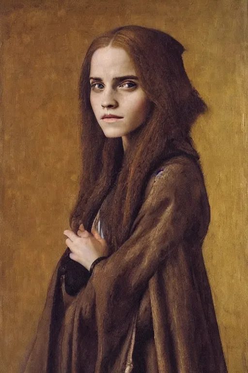 Image similar to portrait of emma watson, oil painting by jan van eyck, northern renaissance art, old masters, alla prima, realistic, expressive emotions, intricate textures, illusionistic detail