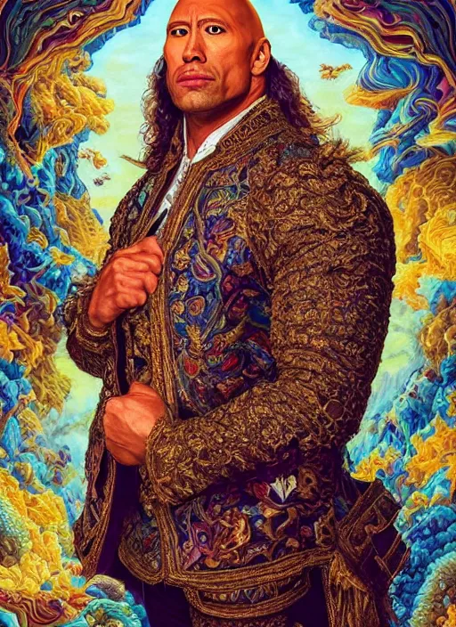 Image similar to beautiful oil painting, portrait of Dwayne the rock Johnson as Louis xiv in coronation robes 1701, Dan Mumford, dan Mumford, Dan Mumford, Alex grey, Alex grey, lsd visuals, dmt fractal patterns, entheogen, psychedelic, hallucinogen, coherent, highly detailed, ornate, vaporwave