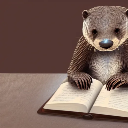 Prompt: a cute otter reading a book at a school desk, hyperrealistic, dynamic lighting