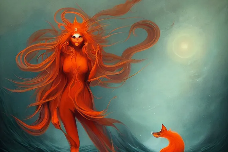 Image similar to prompt A beautiful red orange kumiho, nine fox tails, Peter Mohrbacher