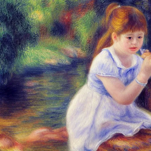 Prompt: 8 years old rina playing with the water, wearing white cloths, and a red bow in her hair, sitting by the side of a creek, in the painting style of renoir, 8 k, detailed, rule of thirds