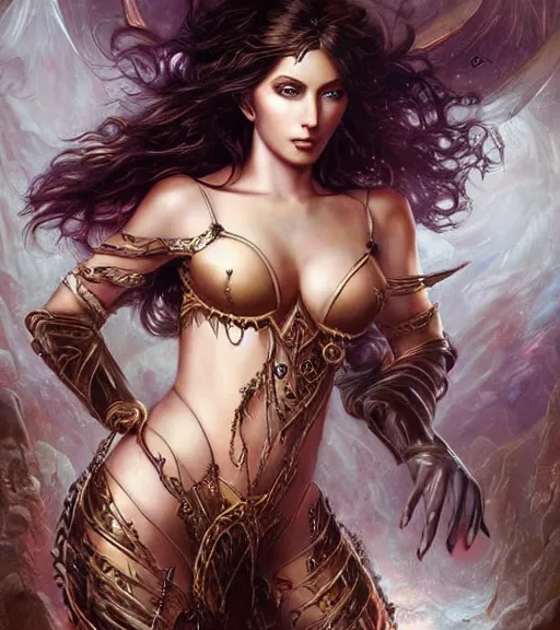 Image similar to a higly detailed full body shot portrait painting of a stunning and sensual female fantasy sorceress with piercing beautiful eyes, dynamic lighting, ambient lighting, deviantart, art by artgerm and karol bak and mark brooks