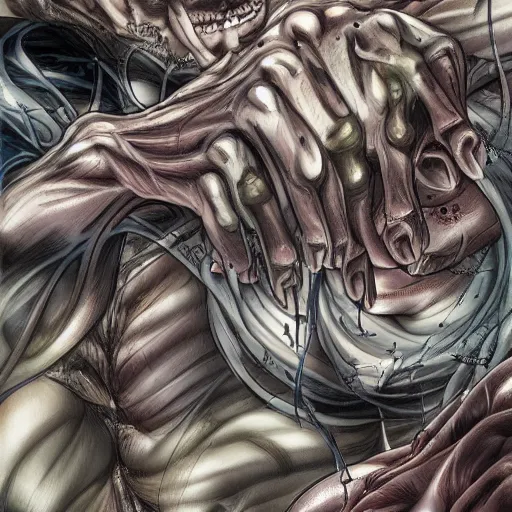 Image similar to a crawling mountain of muscles, highly detailed, anime, pale colors, award winning pictures, by studio mappa, by studio wit