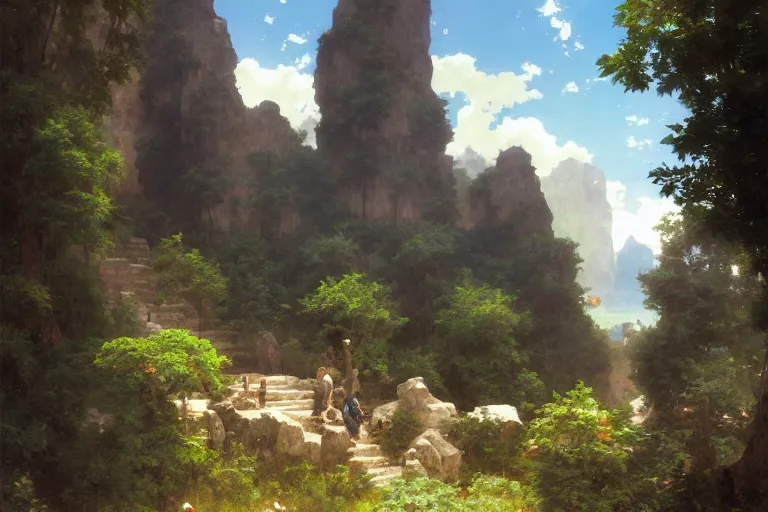 Image similar to detailed environment study lomo photo botw-studio-ghibli-William-Adolphe-Bouguereau-Hans-Zatzka #hyperreal #intricate #cinematic-composition, [32k hd]^10--w 450 | greek monoliths towering