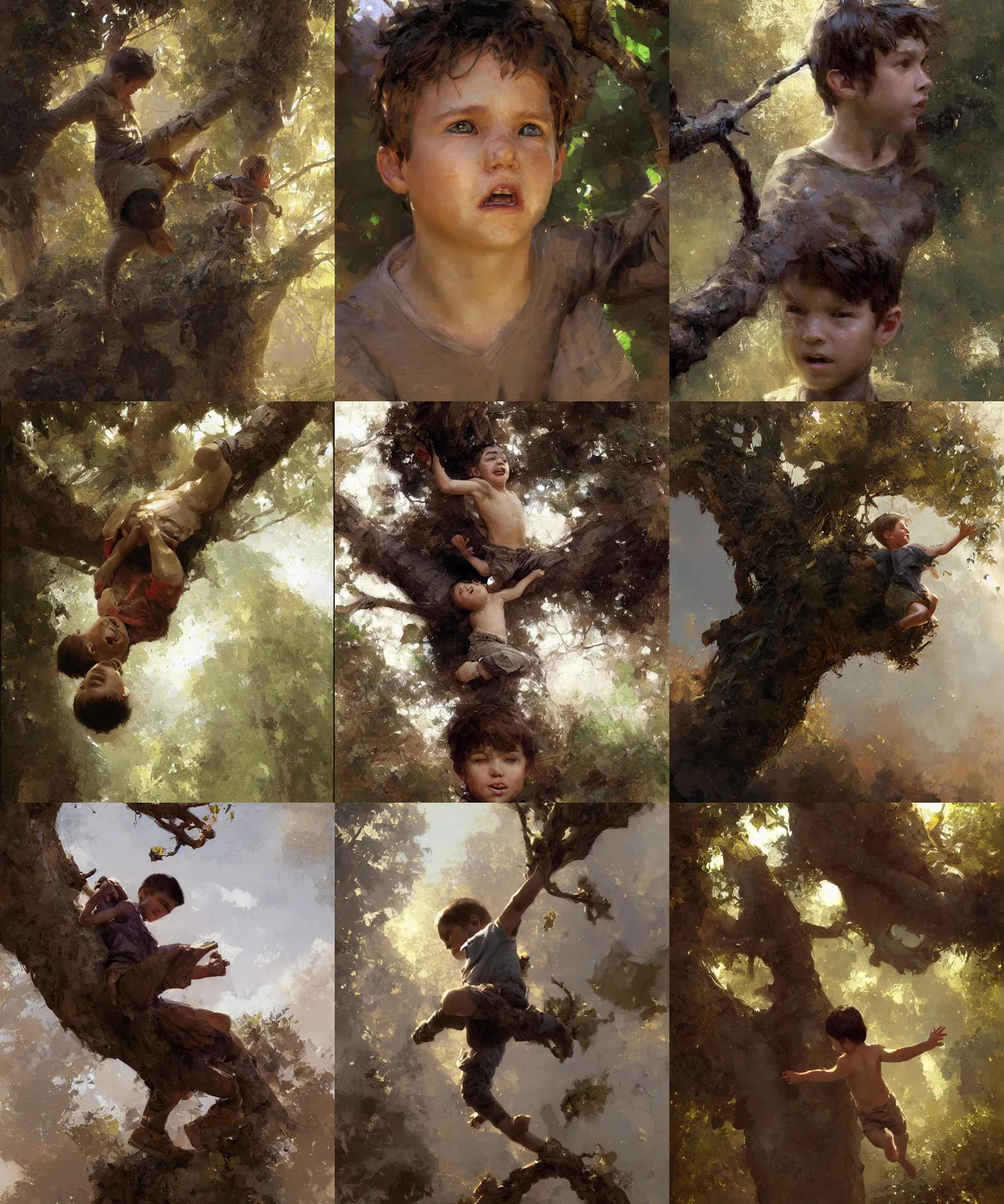 Prompt: digital art painting of young boy falling from a tree by craig mullins and gaston bussiere and greg rutkowski, symmetrical face, defined facial features, symmetrical facial features, dramatic lighting, close up