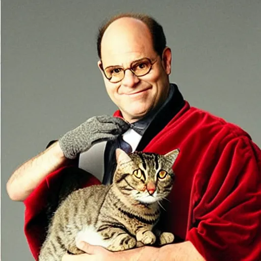 Image similar to “ george costanza from seinfeld with the body of a cat, wearing velvet robe, very realistic, very detailed ”