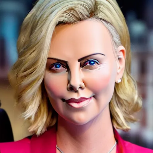 Image similar to charlize theron as a muppet. highly detailed felt. hyper real photo. 4 k