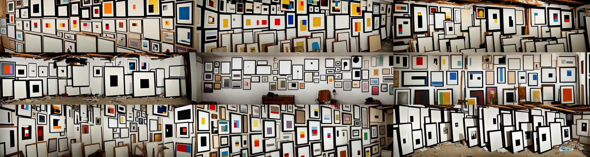 Prompt: a hoarder's basement, filled with hundreds of framed minimalist paintings