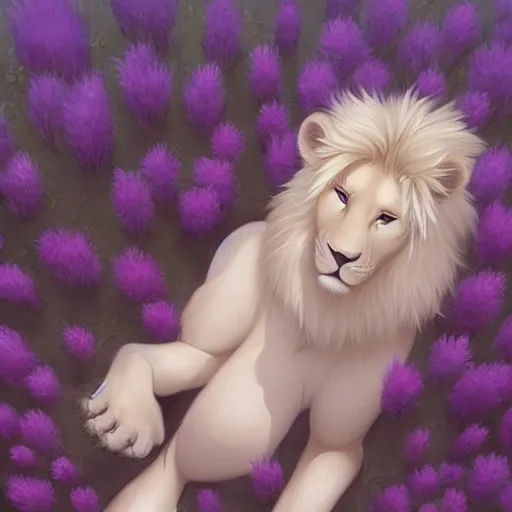 Image similar to aesthetic overhead photo portrait commission of a albino male furry anthro lion lying on a perfect lavender garden like a bed with bubbles surrounding him while wearing a cute mint colored cozy soft pastel winter outfit with pearls on it, winter Atmosphere. Character design by charlie bowater, ross tran, artgerm, and makoto shinkai, detailed, inked, western comic book art, 2021 award winning painting