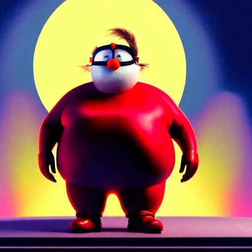 Image similar to a render of a round fat man in a red jumpsuit, wearing shiny black goggles, long pointy pink nose, long spikey light brown moustache, large cartoonish hands with white gloves, evil villain grin, high tech, hdr, 4 k, he is standing over the lorax, the lorax is on the ground, 3 d