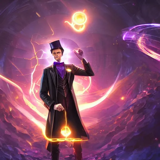 Image similar to portrait of nikola tesla as willy wonka, league of legends amazing splashscreen artwork, fantasy, splash art, natural light, elegant, photorealistic facial features, intricate, fantasy, detailed face, atmospheric lighting, anamorphic lens flare, cinematic lighting, league of legends splash art, hd wallpaper, ultra high details by greg rutkowski