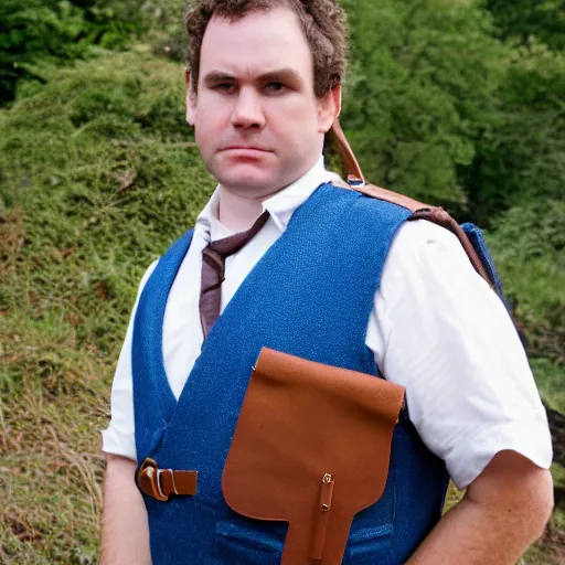 Image similar to close up headshot of a frowning clean shaven pudgy British lad with short curly dark brown hair as a hobbit wearing a white men's crossbody sling chest bag and blue vest, blue vest!! white crossbody chestbag!! high resolution film still, by Lara Jade