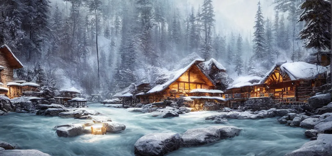 Image similar to a single cozy lodge beside a river stream in the canadian wilderness in winter, dramatic lighting, cinematic, establishing shot, extremely high detail, photo realistic, cinematic lighting, post processed, concept art, artstation, matte painting, style by eddie mendoza, raphael lacoste, alex ross