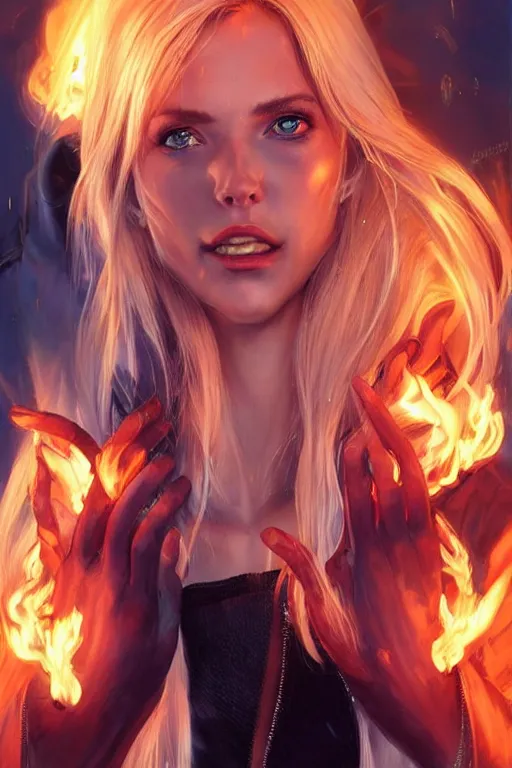 Image similar to wonderful blonde woman hair on fire with flames dancing on her hands with a long jacket in a cyberpunk city, realistic mouth, realistic, high definition, detailed and symetric face, detailed and realistic hands, expressive eyes, 4 k, shimmering color, art by artgerm ans greg rutkowski and magali villeneuve